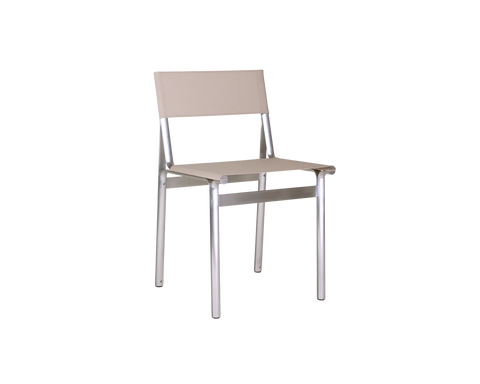 Frama Union Chair in Sandstone Mesh and Aluminum, smooth pale seat and back stretched on a bright aluminum frame, angled view on white