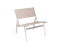 Frama Union Easy Chair in Sandstone Mesh and Aluminum, taut pale mesh seat and back slung between brushed aluminum rails, angled on white