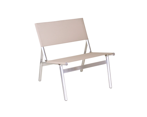 Frama Union Easy Chair in Sandstone Mesh and Aluminum, taut pale mesh seat and back slung between brushed aluminum rails, angled on white