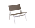 Frama Union Easy Chair in Taupe Mesh and Aluminum, grey brown mesh seat and backrest on a bright aluminum frame, angled view on white