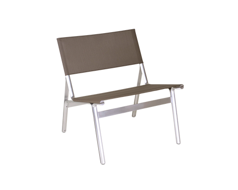 Frama Union Easy Chair in Taupe Mesh and Aluminum, grey brown mesh seat and backrest on a bright aluminum frame, angled view on white
