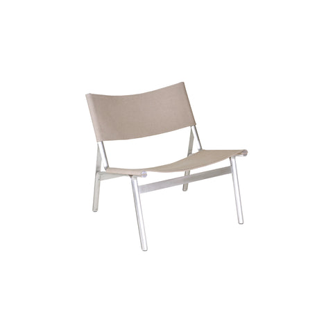 Frama Union Easy Chair in Sandstone Linen and Aluminum, low chair with slung sandstone fabric seat and back on a tubular aluminum frame