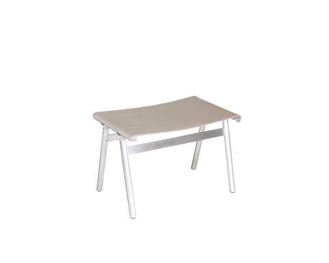 Frama Union Stool in Sandstone Linen and Aluminum, low stool with a slung sandstone fabric seat on a tubular aluminum frame