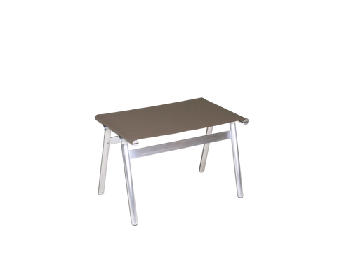 Frama Union Stool in Taupe Mesh and Aluminum, grey brown mesh seat on a bright aluminum frame with a cross rail, angled on white