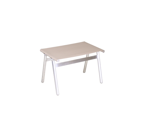 Frama Union Stool in Sandstone Mesh and Aluminum, taut pale mesh seat stretched between aluminum rails with splayed legs, on white
