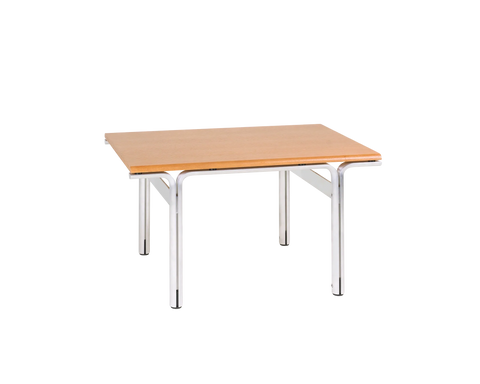 Frama Union Side Table in Warm Brown Ash and Aluminum, low ash top on four tubular aluminum legs with flared brackets, angled on white