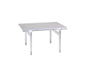 Frama Union Side Table in Aluminum, pale rectangular top on four slim aluminum legs with curved corner brackets, angled view on white