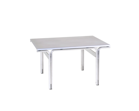 Frama Union Side Table in Aluminum, pale rectangular top on four slim aluminum legs with curved corner brackets, angled view on white