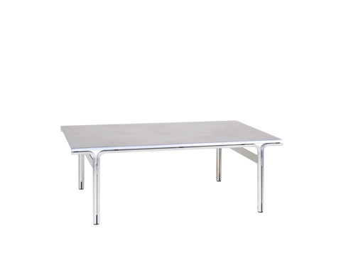 Frama Union Coffee Table in Aluminum, low rectangular table with a brushed grey top and tubular legs, angled view on a white background