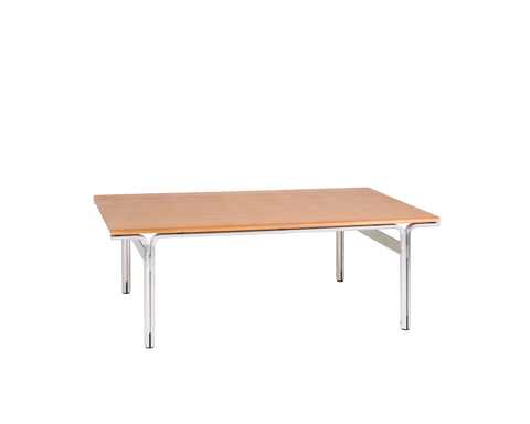 Frama Union Coffee Table in Warm Brown Ash and Aluminum, low rectangular ash top on slim tubular aluminum legs, angled view on white
