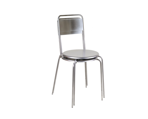 Frama Petit Rond Chair in Stainless Steel, steel chair with the rim under its round seat and splayed rear legs in view, on white