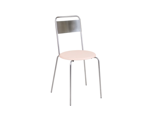 Frama Petit Rond Chair in Natural Leather and Stainless Steel, steel frame chair with a pale leather covered round seat pad