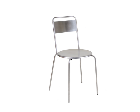 Frama Petit Rond Chair in Stainless Steel, steel chair with a round seat and a flat back panel in a tube frame, angled on white