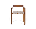 Frama Symmetry Armrest Chair in Oat Fabric and Honey Ash, square ash legs and blocky arm joints with woven strapping across the seat