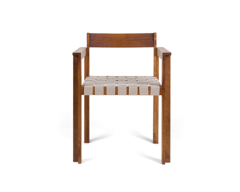 Frama Symmetry Armrest Chair in Oat Fabric and Honey Ash, square ash legs and blocky arm joints with woven strapping across the seat