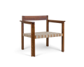 Frama Symmetry Easy Chair in Oat Fabric and Honey Ash, ash armchair turned slightly to show the arm rails and the woven seat straps