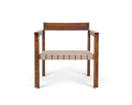 Frama Symmetry Easy Chair in Oat Fabric and Honey Ash, straight on view of the flat back rail, blocky arm ends and woven seat webbing