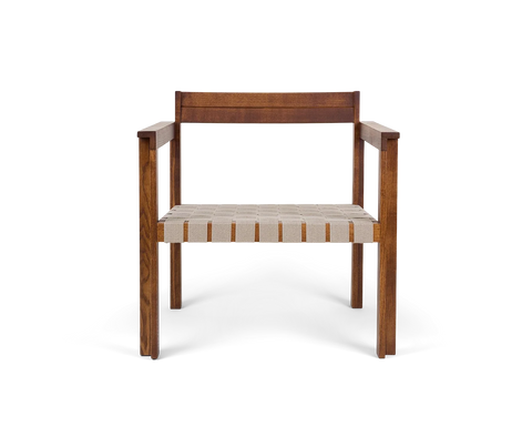 Frama Symmetry Easy Chair in Oat Fabric and Honey Ash, straight on view of the flat back rail, blocky arm ends and woven seat webbing