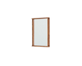 Frama Symmetry Mirror, small rectangular mirror in a brown wood frame hanging on a white wall, seen slightly from the side