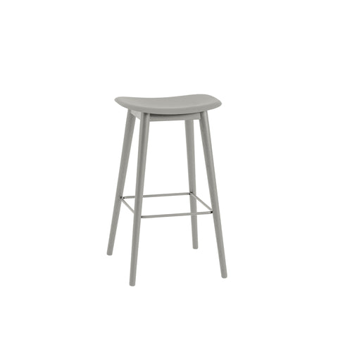 muuto Fiber Bar Stool with wood legs and no back rest, grey seat and grey base