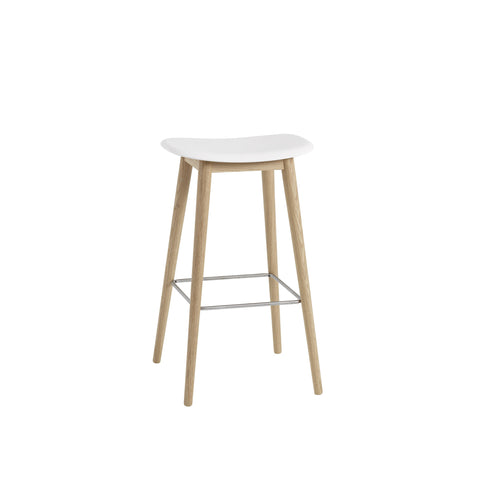 muuto Fiber Bar Stool with wood legs and no back rest, white seat and oak base