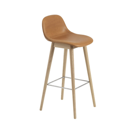 muuto Fiber Bar Stool with wood base in refine cognac leather and oak 