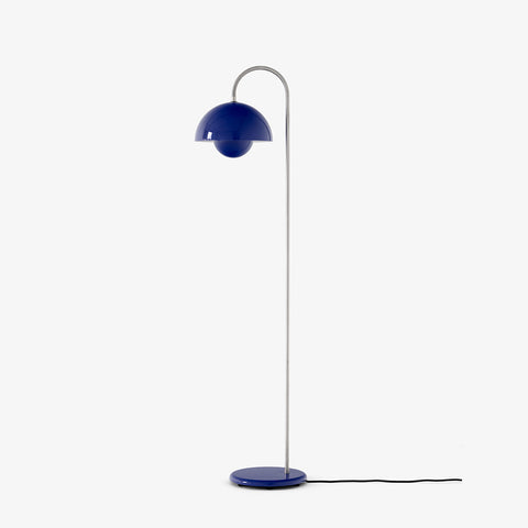 &Tradition Flowerpot VP12 Floor Lamp in Cobalt Blue with chrome stem – modern Danish lighting design by Verner Panton.