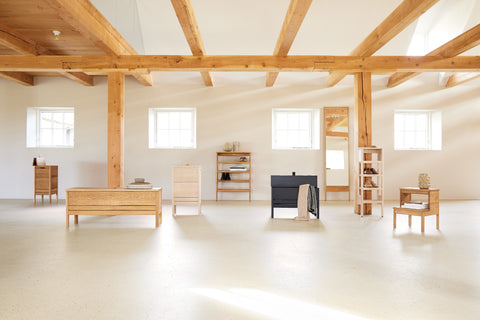 Form & Refine A Line Shoe Rack 35, narrow oak shoe rack, the A Line collection gathered in a whitewashed hall with timber beams