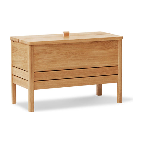 Form & Refine A Line Storage Bench 68, Oak, oak storage bench with lid, three-quarter view on white background