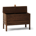 Form & Refine A Line Storage Bench 68, Smoked Oak, oak storage bench with lid, three-quarter view on white background
