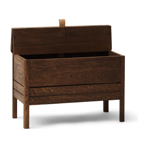 Form & Refine A Line Storage Bench 68, Smoked Oak, oak storage bench with lid, three-quarter view on white background