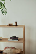 Form & Refine Leaf Shelf 1x3, solid oak shelving unit, white oak shelf with books, a glass and a hanging fern, close view
