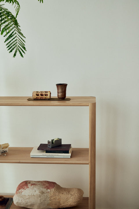 Form & Refine Leaf Shelf 1x3, solid oak shelving unit, white oak shelf with books, a glass and a hanging fern, close view