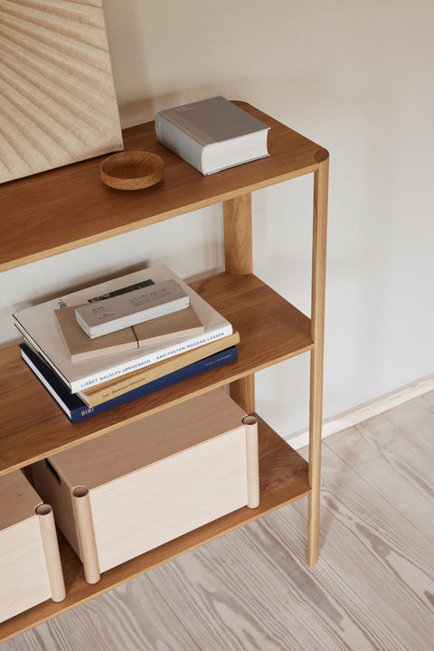 Form & Refine Leaf Shelf 2x3, solid oak shelving unit, oak shelf with books and paper storage boxes, close view of the two tiers