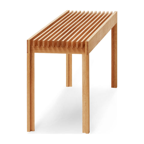Form & Refine Lightweight Bench, Oak, solid oak slatted bench, three-quarter view on white background