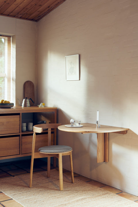 Form & Refine Trefoil Folding Wall Table, oak folding wall table, oak folding wall table set for one with a Lunar chair in a kitchen corner