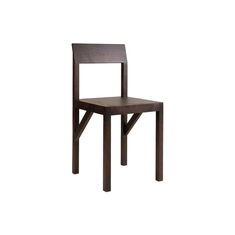 Frama Bracket Chair in Dark Brown Ash, angular ash chair with bracket joint frame, three quarter view on white