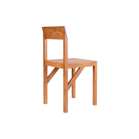 Frama Bracket Chair in Warm Brown Ash, angular ash chair with bracket joint frame, three quarter view on white