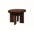 Frama Farmhouse Side Table in Dark Oak, pond shaped dark oak top on thick plank legs, three quarter view on white