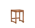 Frama Low Stool 01 in Warm Brown Birch, reddish brown birch stool with a flat seat and low side rails, three quarter view on white
