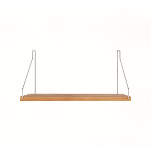 Frama Single Shelf in Natural Oak with stainless steel brackets, 15.7 inch wide shelf 7.9 inches deep, straight on view on white