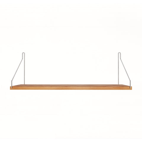 Frama Single Shelf in Natural Oak with stainless steel brackets, 23.6 inch wide shelf 7.9 inches deep, straight on view on white
