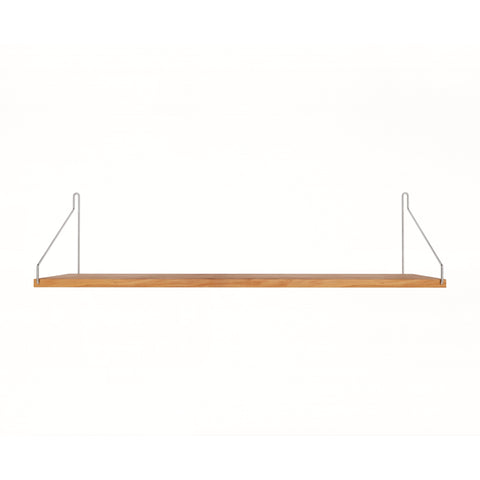 Frama Single Shelf in Natural Oak with stainless steel brackets, 31.5 inch wide shelf 7.9 inches deep, straight on view on white