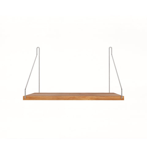 Frama Single Shelf in Natural Oak with stainless steel brackets, 15.7 inch wide shelf 10.6 inches deep, straight on view on white