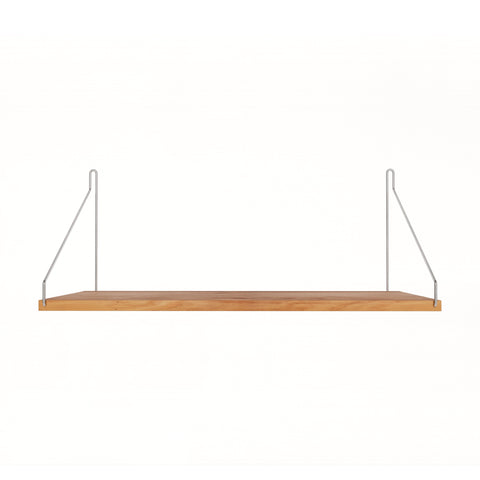 Frama Single Shelf in Natural Oak with stainless steel brackets, 23.6 inch wide shelf 10.6 inches deep, straight on view on white