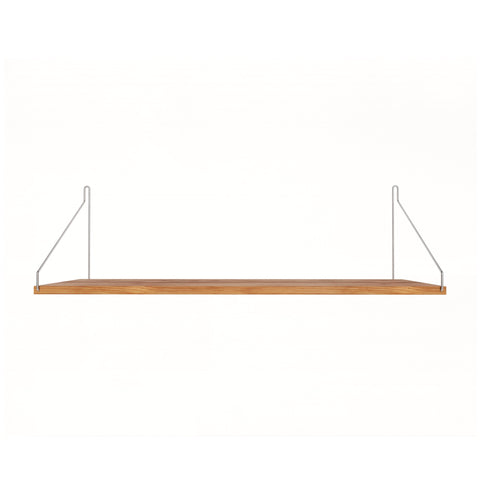 Frama Single Shelf in Natural Oak with stainless steel brackets, 31.5 inch wide shelf 10.6 inches deep, straight on view on white
