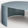 Bug Outdoor Coffee Table by Blu Dot in Grey Blue, curved leg and matte aluminum surface detail
