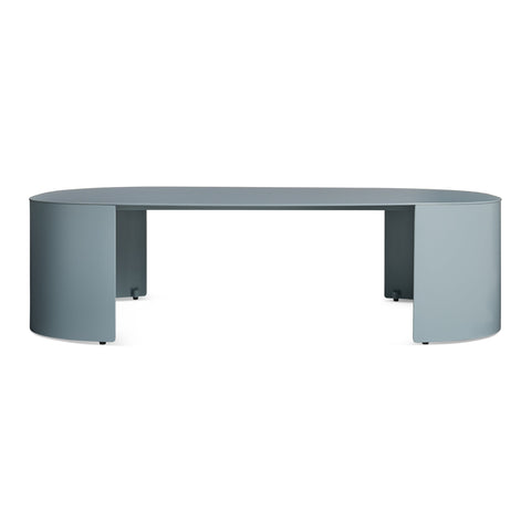 Bug Outdoor Coffee Table by Blu Dot in Grey Blue powder-coated aluminum with rounded edges and curved legs, front view