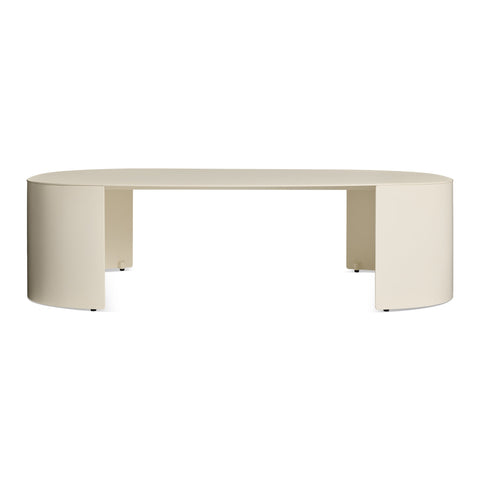 Bug Outdoor Coffee Table by Blu Dot in Ivory powder-coated aluminum with rounded edges and curved legs, front view