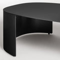 Bug Outdoor Coffee Table by Blu Dot in Oblivion, curved leg and matte aluminum surface detail